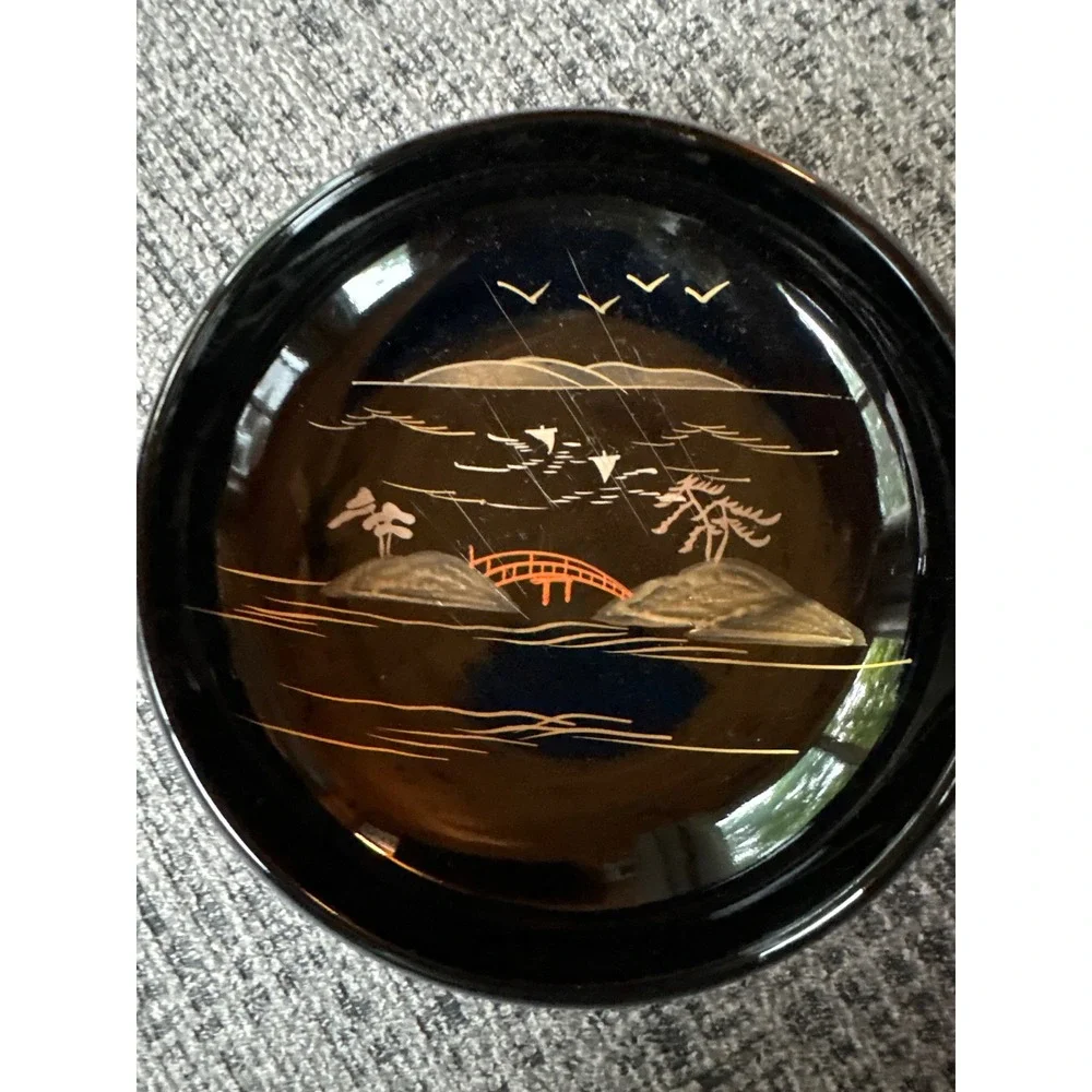 VTG Japanese Lacquerware Salad Bowls Set  of 6 Black Gold Landscape‎ Mt Fuji Art